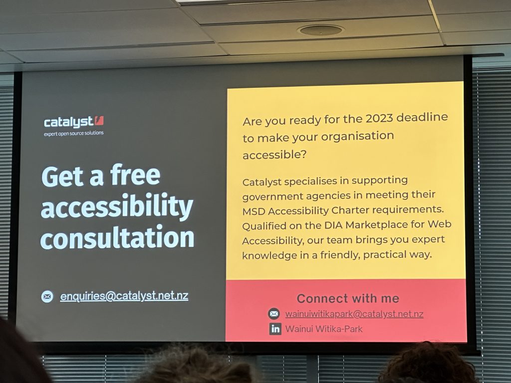 Te Wainui Witika-Park from Catalyst IT mentioned accessibility consultation available during her presentation at NDF 2023 Conference